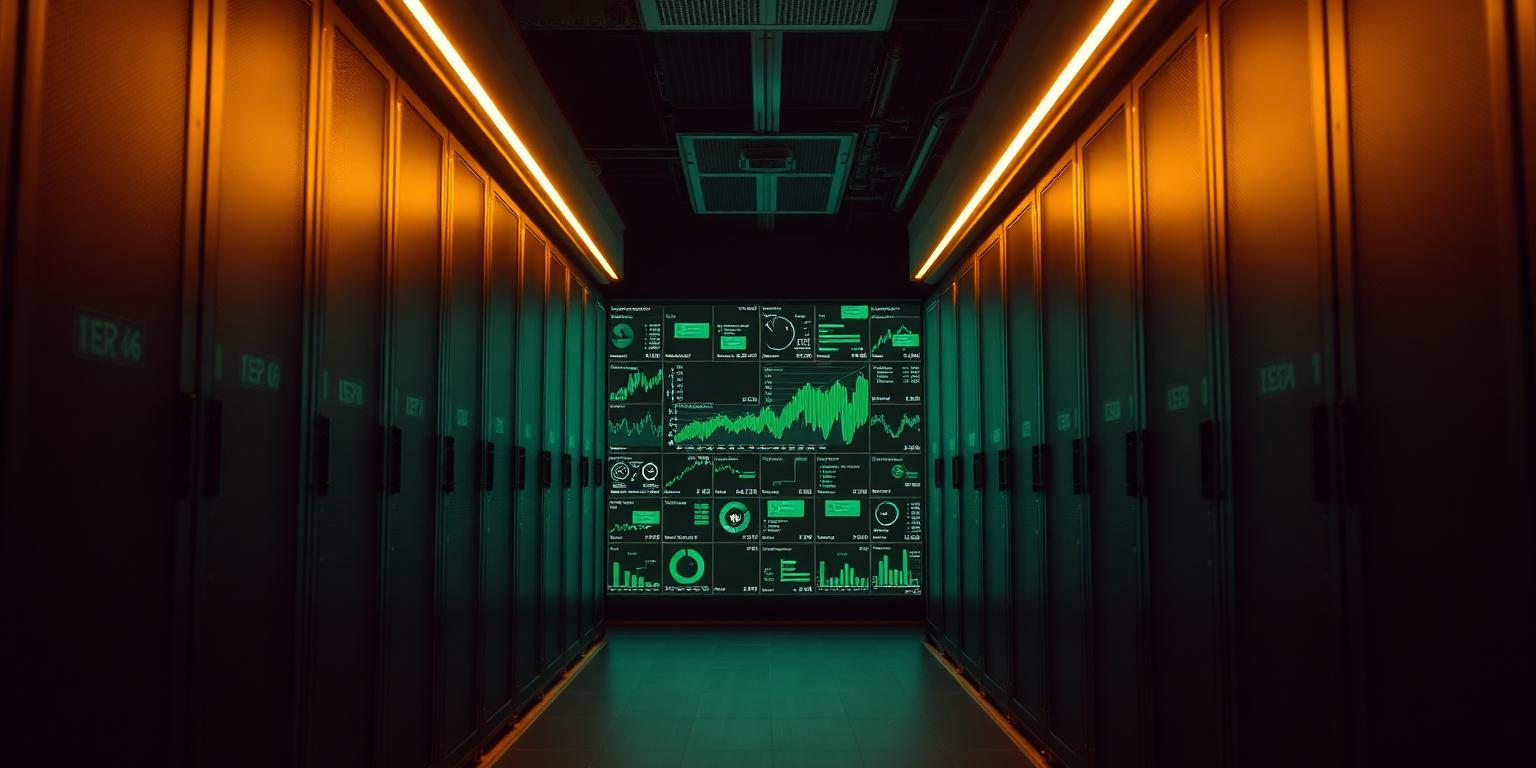 A data center corridor opening onto a visualization wall of green charts