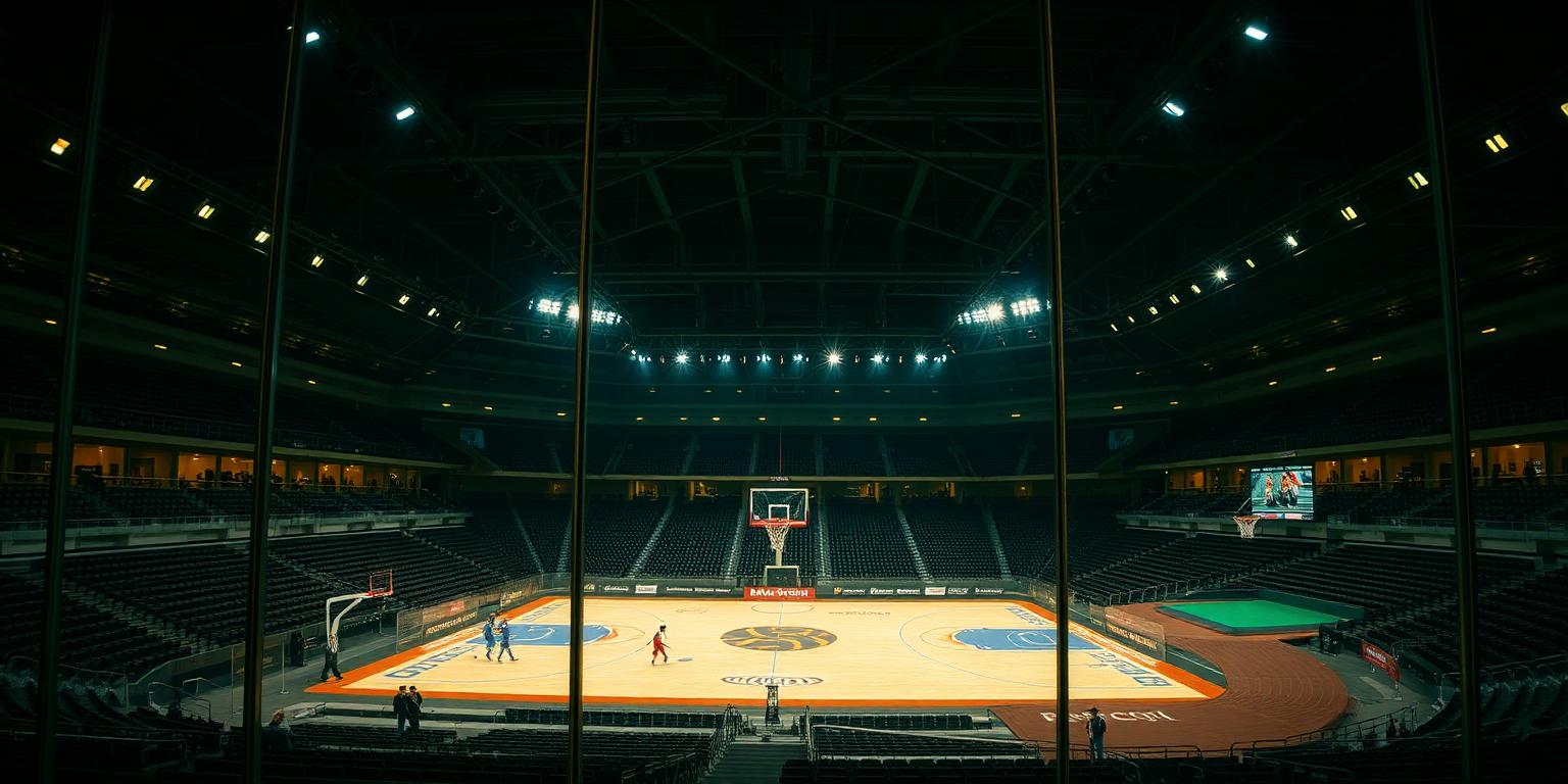 An empty premium arena at night seen through a dark glass panel