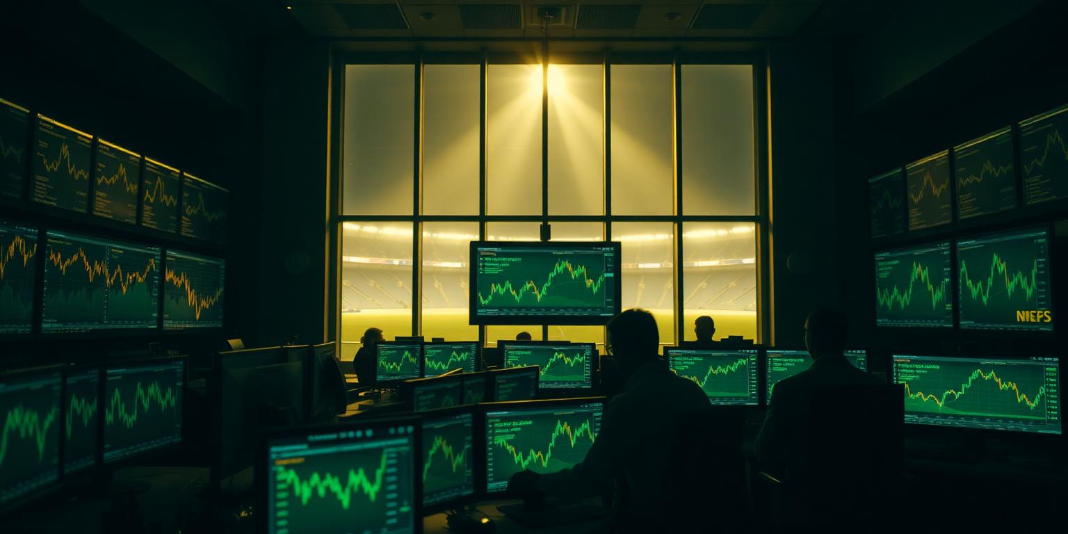 A sports trading room of dark monitors with stadium floodlights beyond the windows